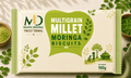 Multigrain Millet Moringa Biscuits packaging with green leaves and nature-themed design.