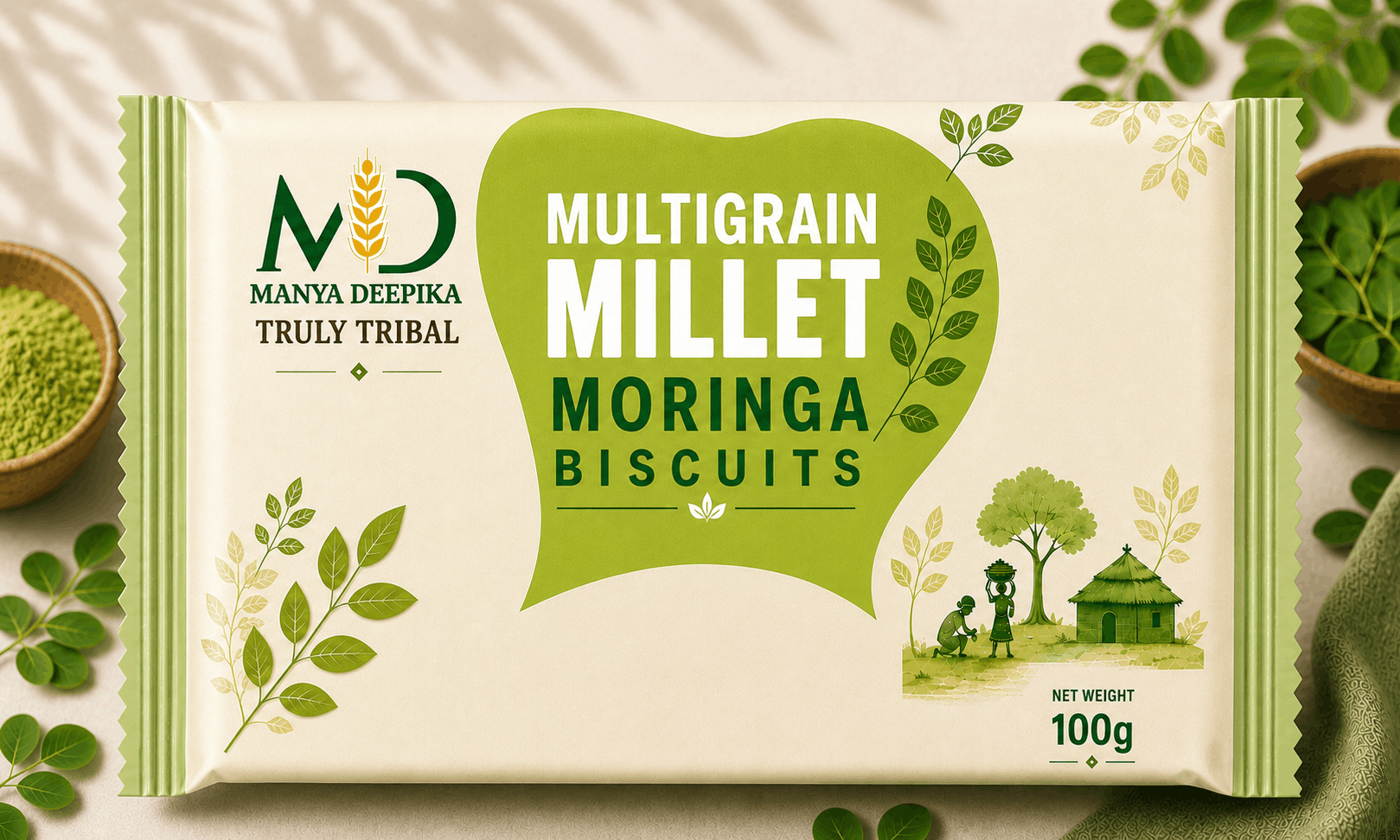 Multigrain Millet Moringa Biscuits packaging with green leaves and nature-themed design.