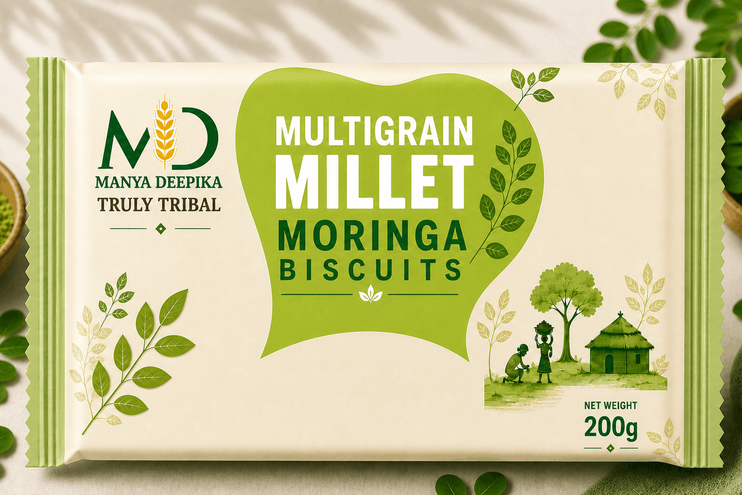 Packaging of Multigrain Millet Moringa Biscuits with green leaves and nature-themed design.