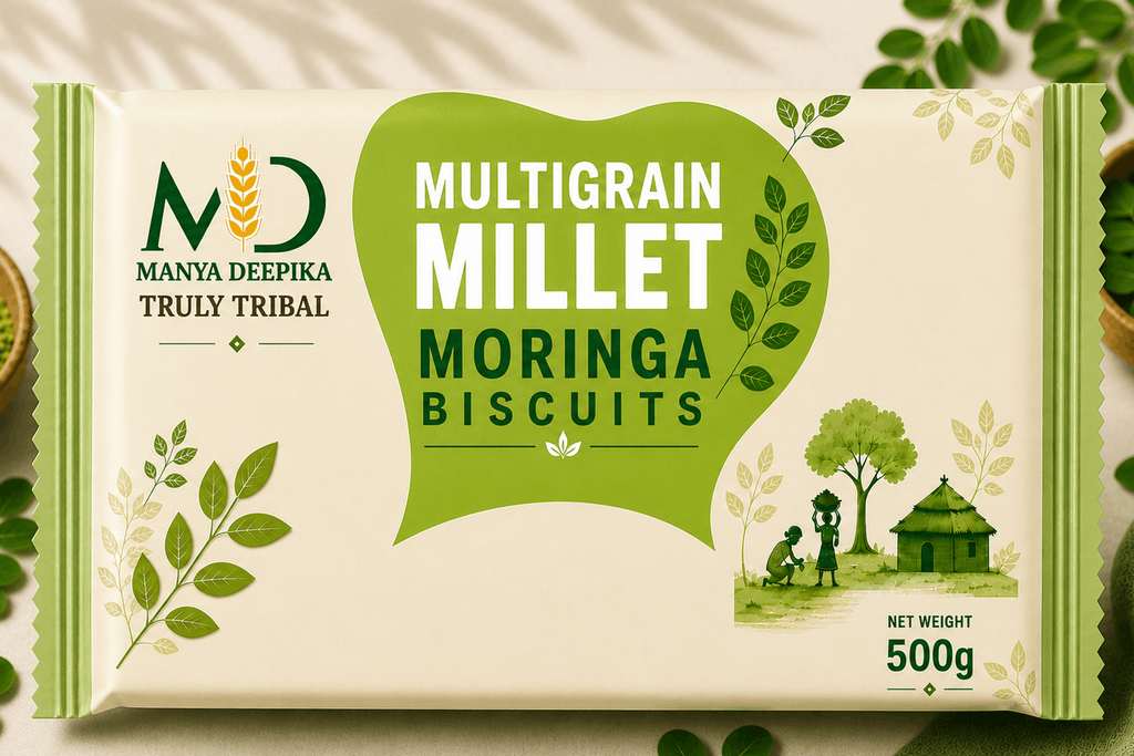 Multigrain Millet Moringa Biscuits packaging with green and white design