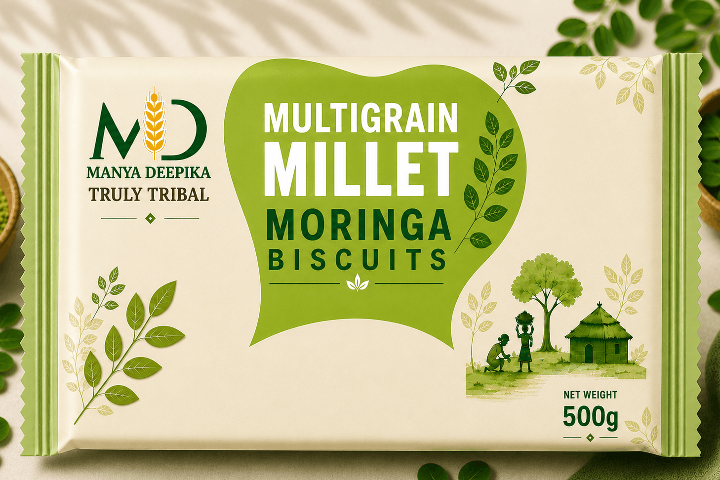 Multigrain Millet Moringa Biscuits packaging with green and white design
